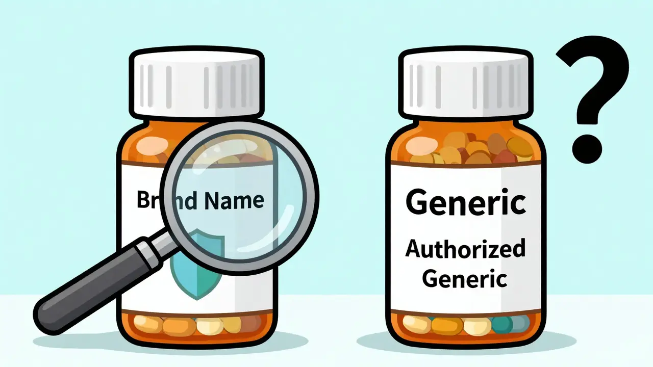 Side-by-side comparison of brand-name and generic pills with visible differences in fillers.