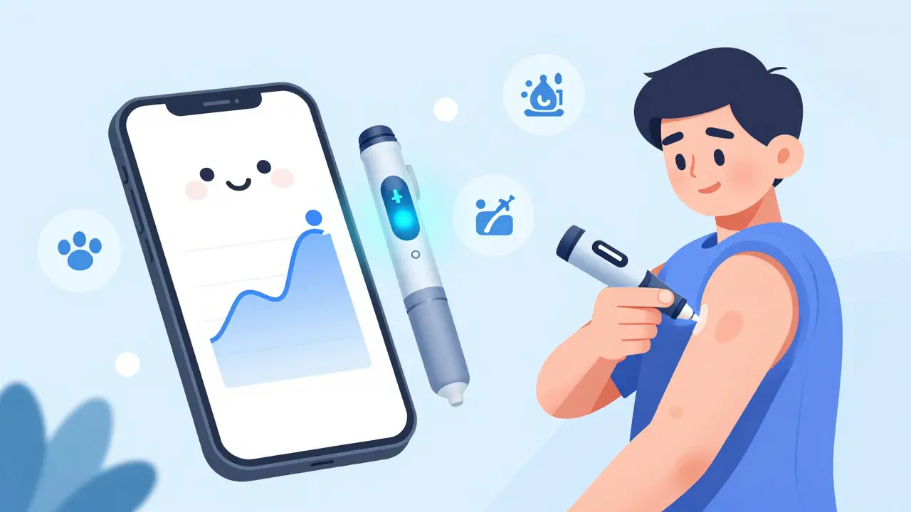 Smart insulin pen syncing data to a phone app with friendly animated graphs of blood sugar levels.