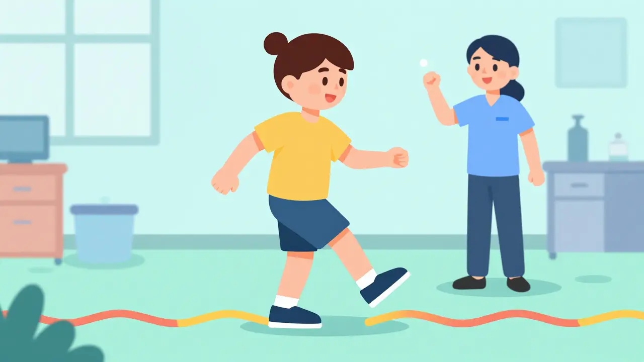 A person practicing balance exercises with a therapist in a bright cartoon clinic.