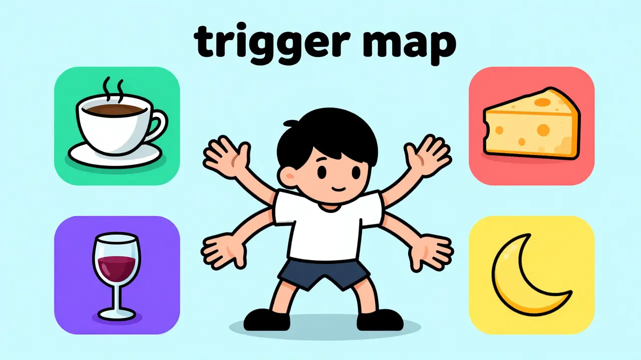 A person pushing away common migraine triggers like coffee and cheese in cartoon style.