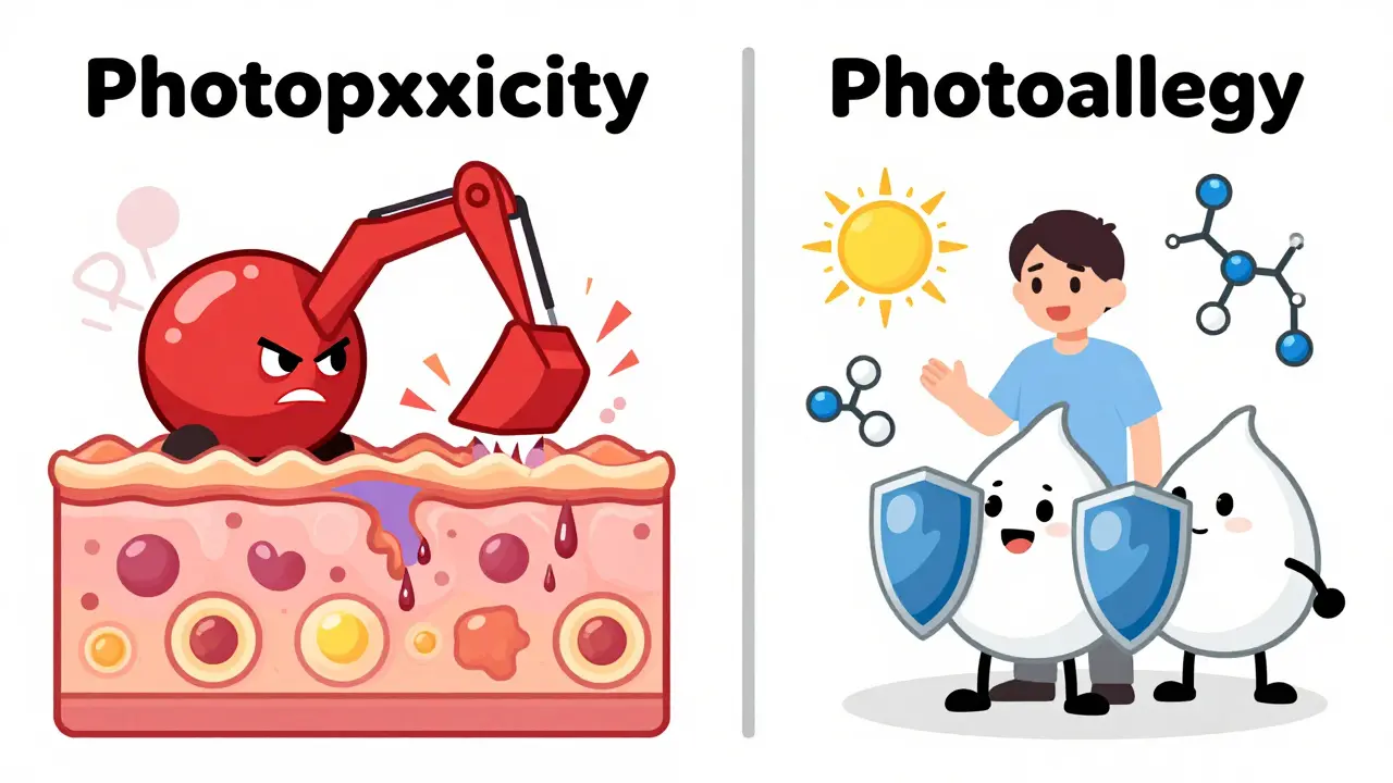 Cartoon comparison of phototoxicity as cellular damage and photoallergy as an immune response.