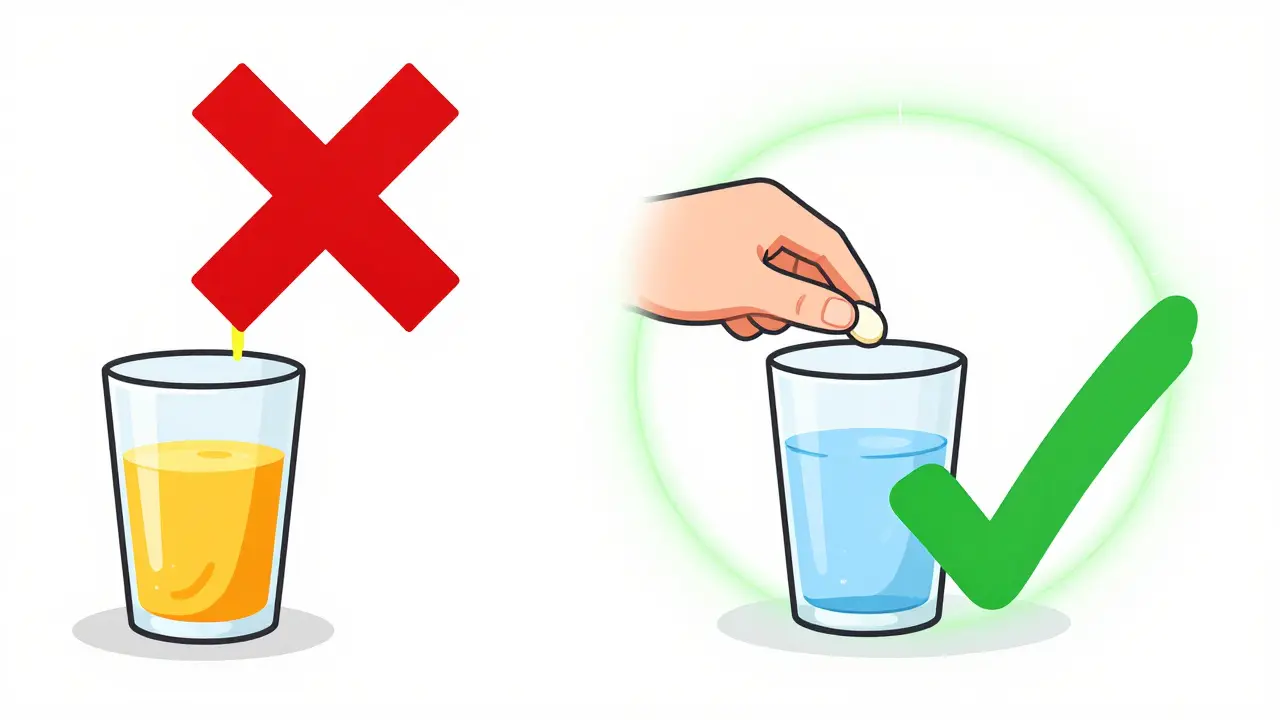 Cartoon comparison of taking allergy medication with orange juice versus plain water.