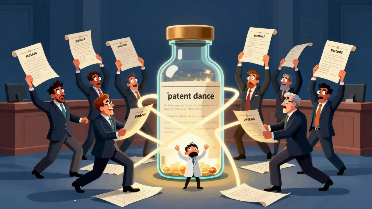 Cartoon depiction of lawyers dancing around a medicine vial surrounded by a thicket of patents.