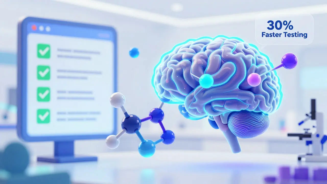 Cartoon illustration of AI predicting pharmaceutical molecule degradation.