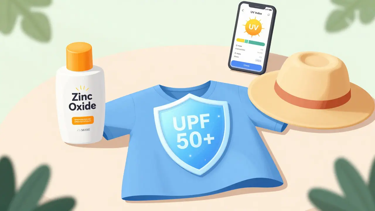 Cartoon illustration of protective gear including zinc sunscreen and UPF 50+ clothing.