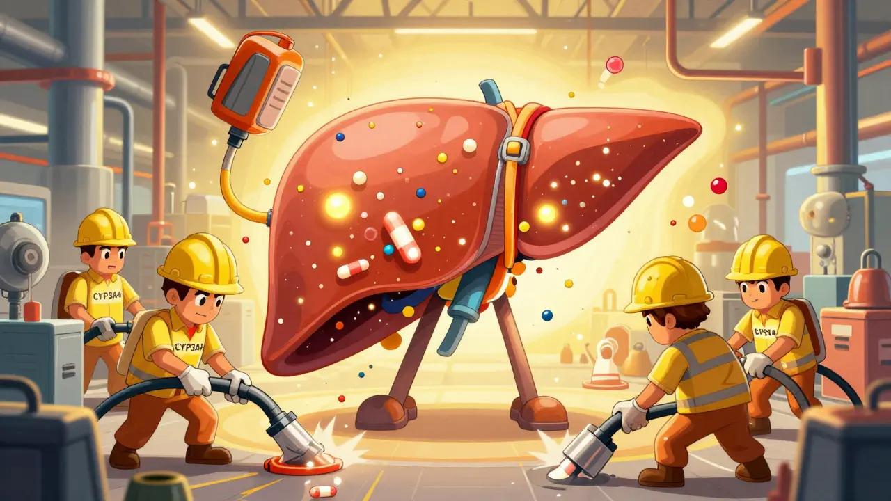 Cartoon liver factory where enzyme workers are rapidly destroying hormone molecules
