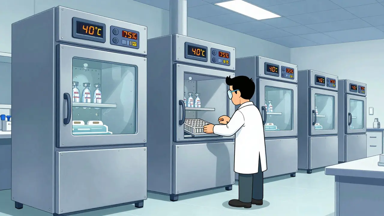 Cartoon of a scientist using a stability chamber to test drug degradation.