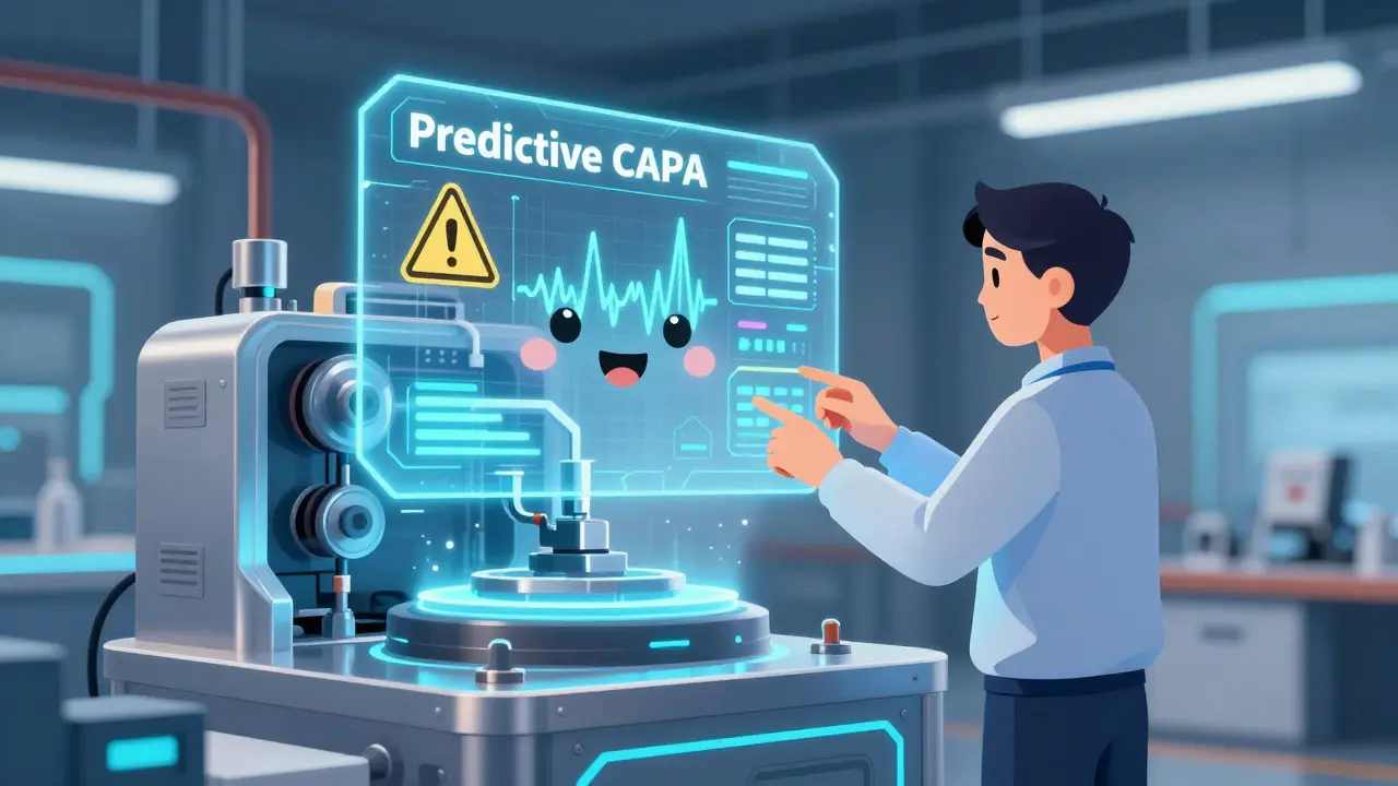 Cartoon of an AI hologram predicting a machine failure in a futuristic factory.