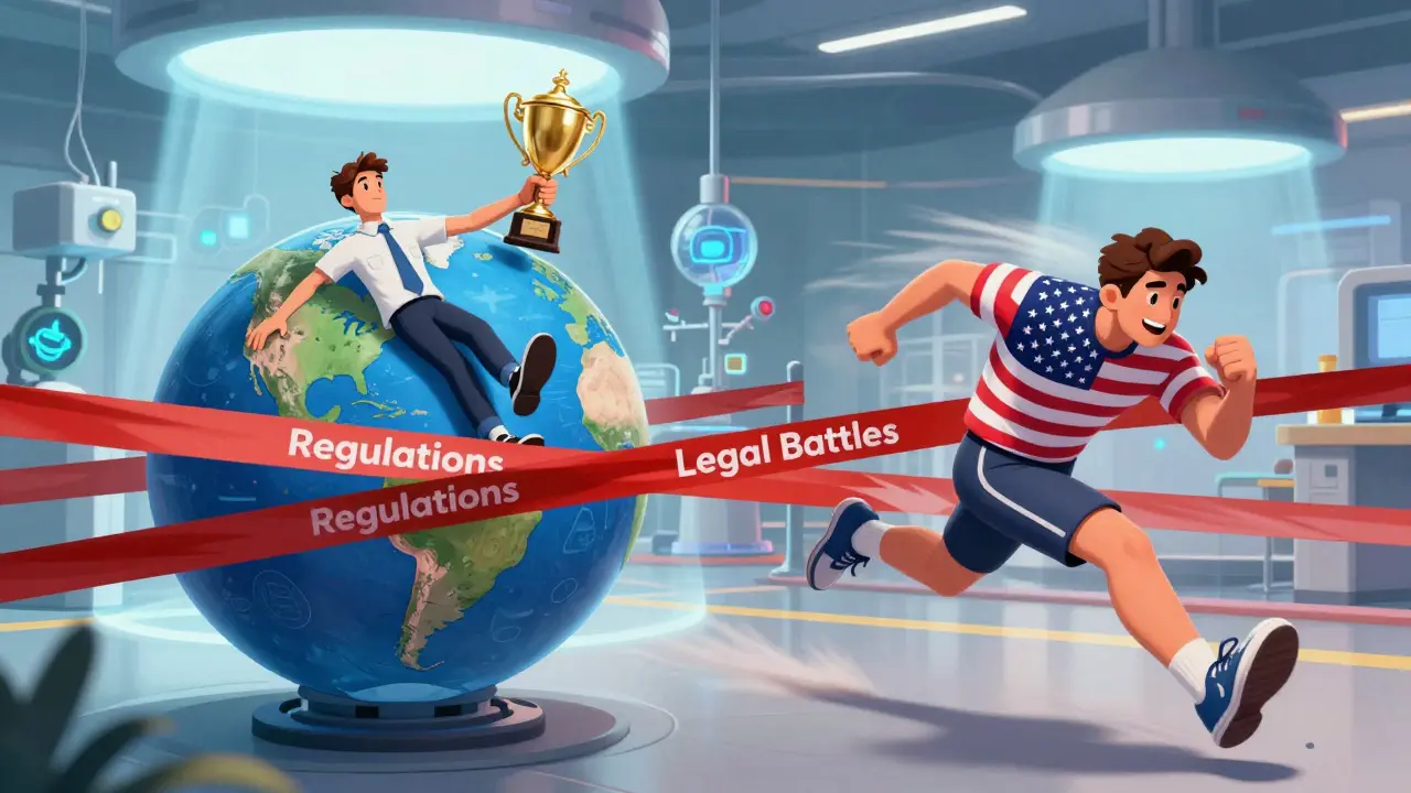 Cartoon of USA sprinting past red tape to catch up with Europe in the biosimilar race.