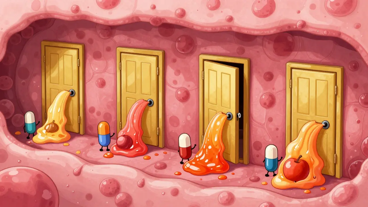 Cartoon showing fruit juice compounds blocking pill-shaped characters from entering golden cellular doors.