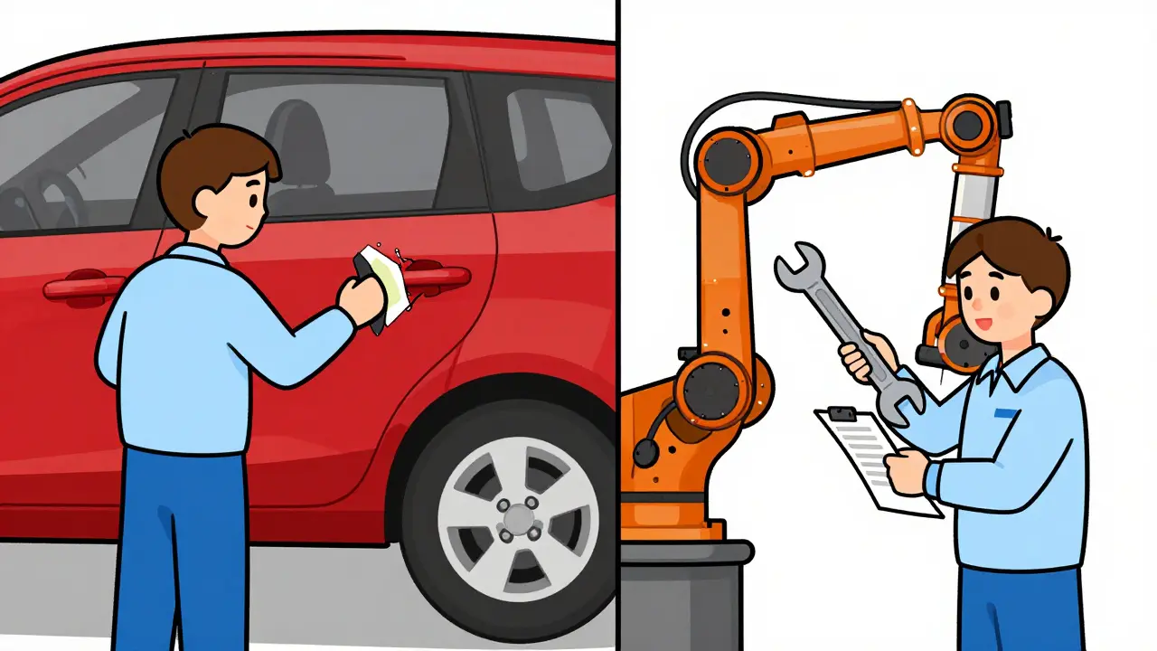 Cartoon showing the difference between buffing a scratch and fixing a robotic arm.