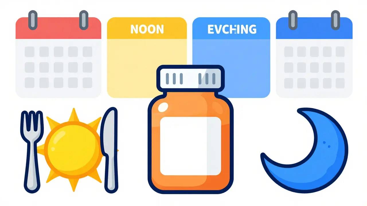Medicine bottle surrounded by safety icons like sun and food.