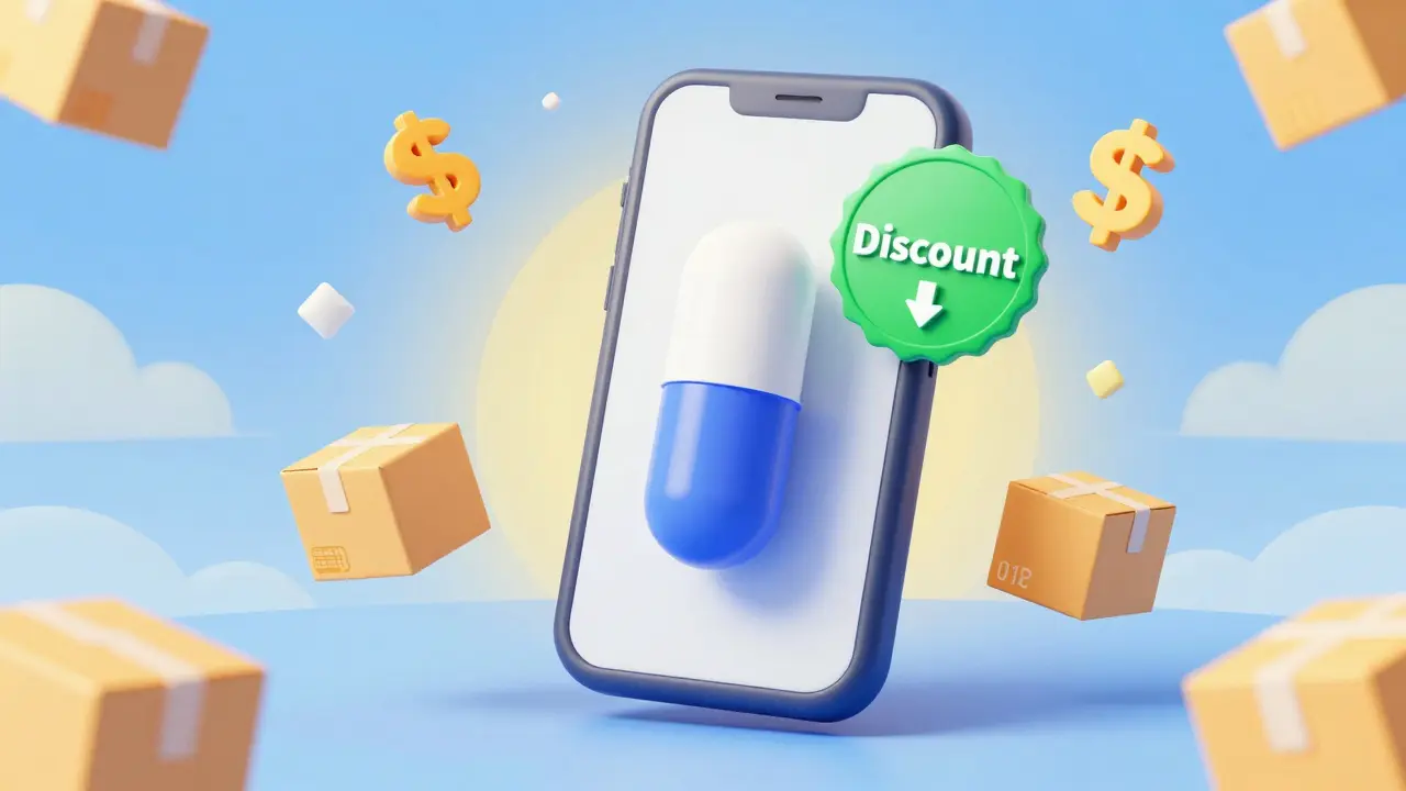 Smartphone showing a discounted generic antibiotic with floating delivery icons